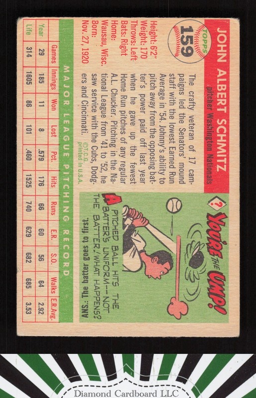 1955 Topps #159 Johnny Schmitz GD e, back
