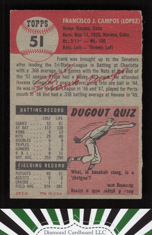 1953 Topps #51 Frank Campos VGEX c, back