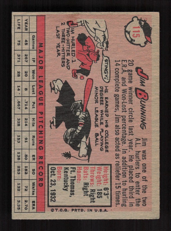 1958 Topps #115 Jim Bunning VG+ f, back