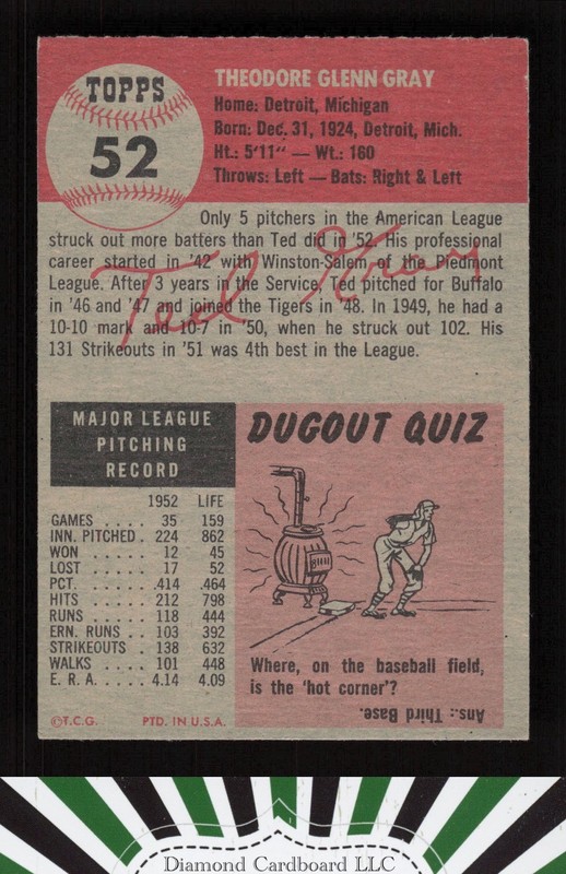 1953 Topps #52 Ted Gray VGEX+ f, back