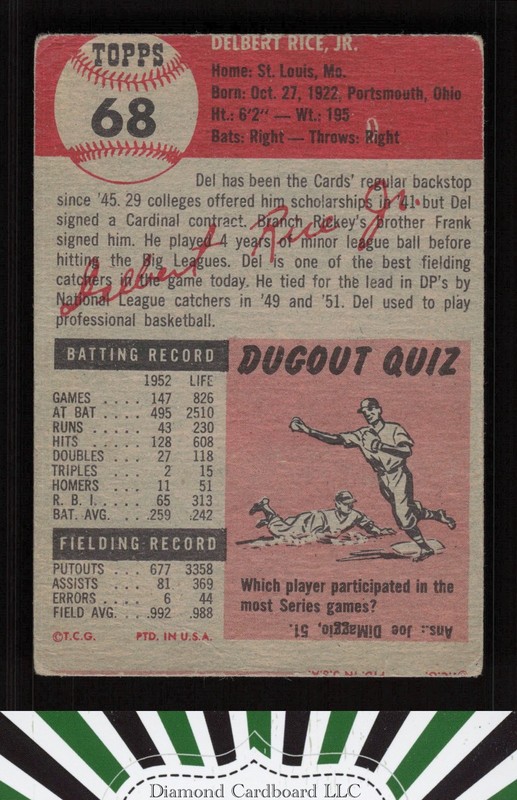 1953 Topps #68 Del Rice FR a, back