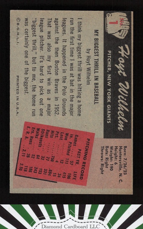 1955 Bowman #1 Hoyt Wilhelm VG (but measures 1/8" short) a, back
