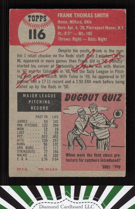 1953 Topps #116 Frank Smith : Bio uses white text GD b, back