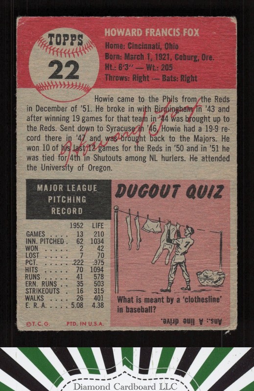 1953 Topps #22 Howie Fox GD c, back