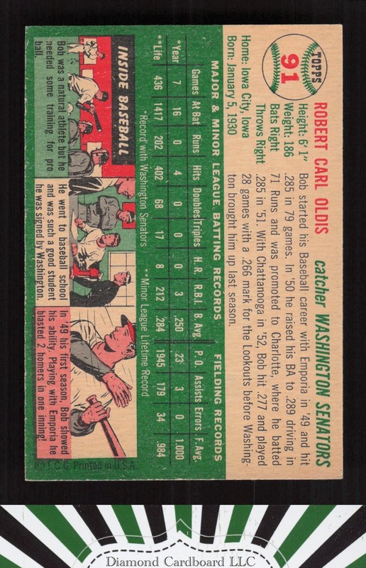 1954 Topps #91 Bob Oldis NM h, back