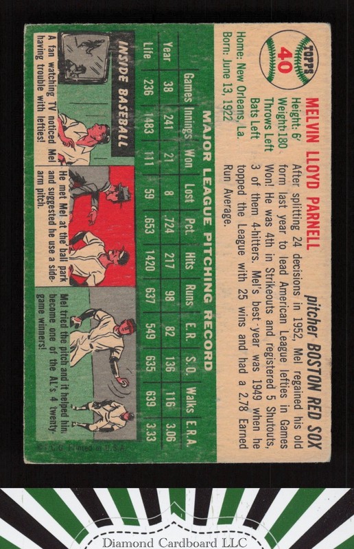 1954 Topps #40 Mel Parnell VGEX m, back