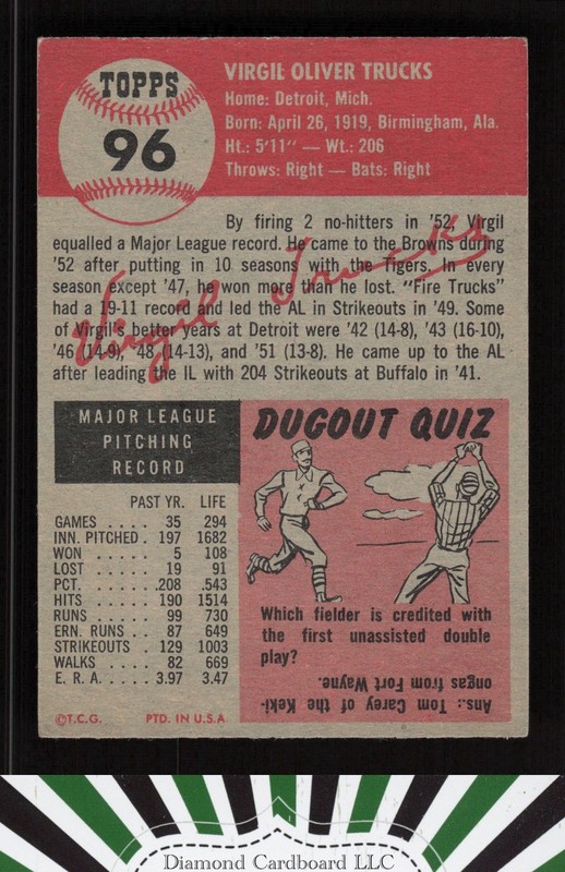 1953 Topps #96 Virgil Trucks : Bio uses white text VG [CENTERED] b, back