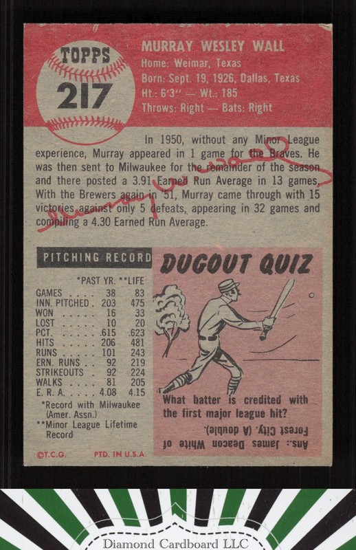 1953 Topps #217 Murray Wall EXMT g, back