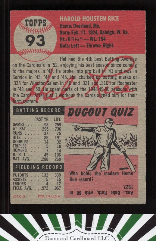 1953 Topps #93 Hal Rice : Bio uses black text VGEX h, back