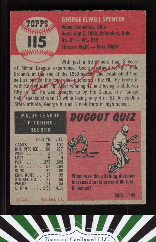 1953 Topps #115 George Spencer : bio uses black text GD c, back