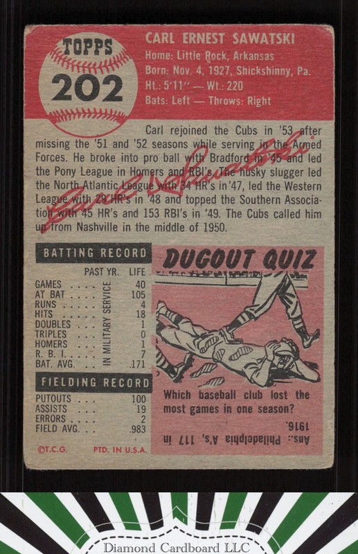 1953 Topps #202 Carl Sawatski FR a, back