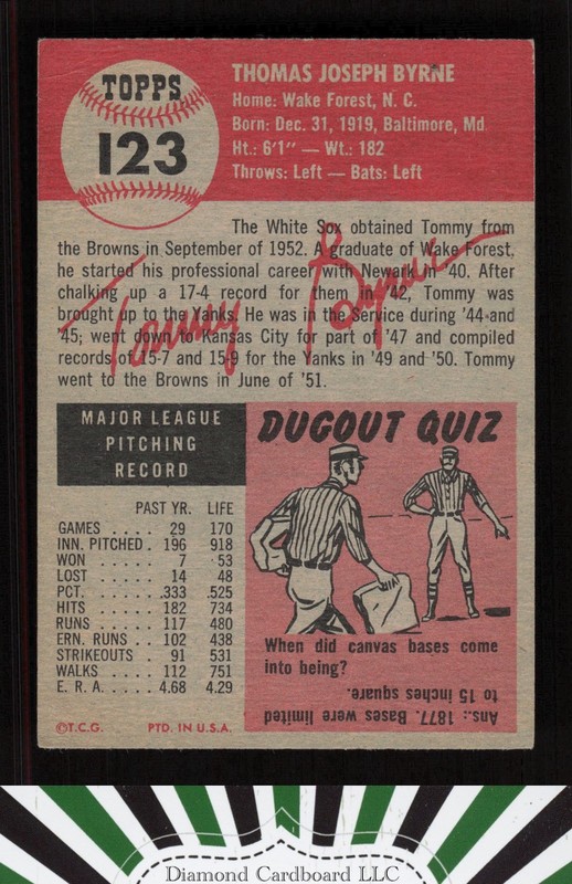 1953 Topps #123 Tommy Byrne : Bio uses white text FR c, back