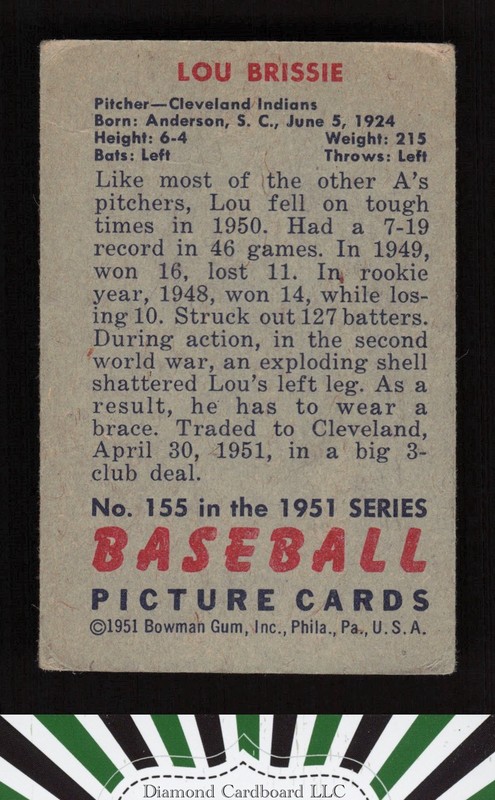 1951 Bowman #155 Lou Brissie VG, back