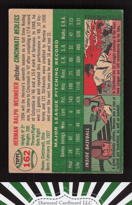 1954 Topps #162 Herman Wehmeier VG g, back