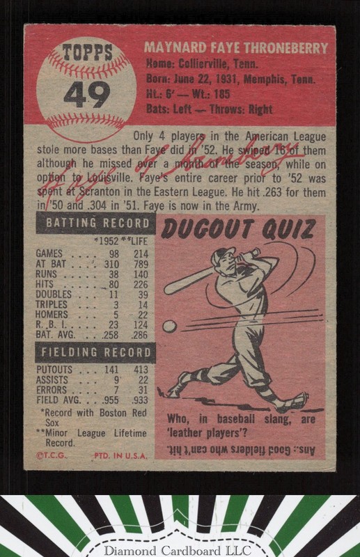 1953 Topps #49 Faye Throneberry FR (heavy crease) a, back