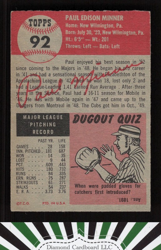 1953 Topps #92 Paul Minner : Bio uses white text VGEX e, back