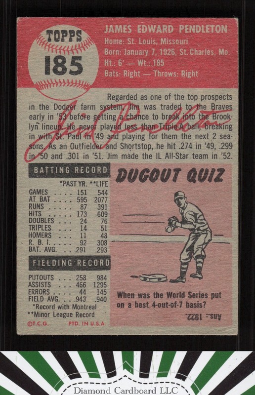 1953 Topps #185 Jim Pendleton VGEX d, back
