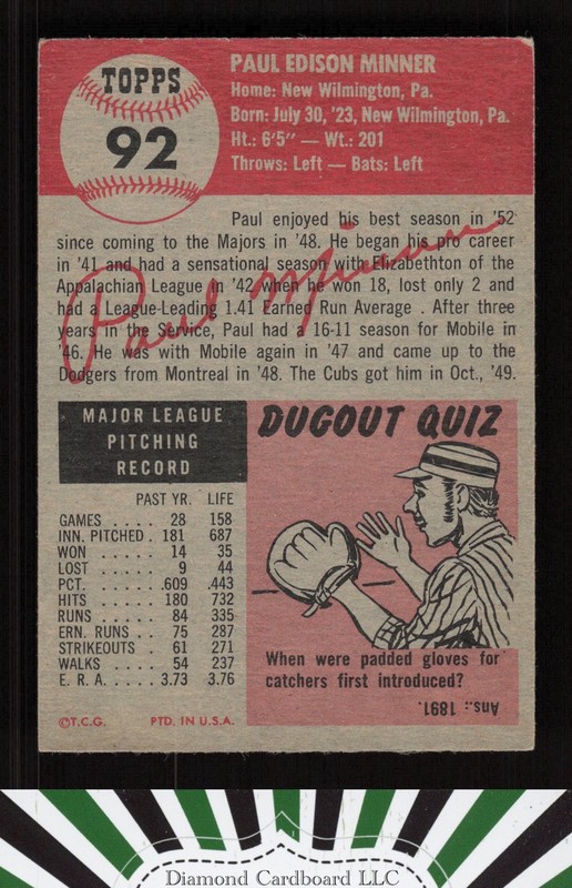 1953 Topps #92 Paul Minner : Bio uses white text VGEX c, back