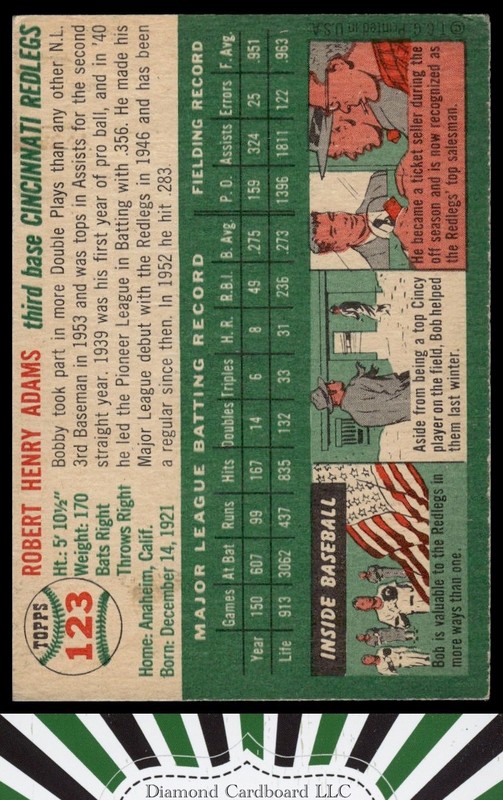 1954 Topps #123 Bobby Adams VG n, back