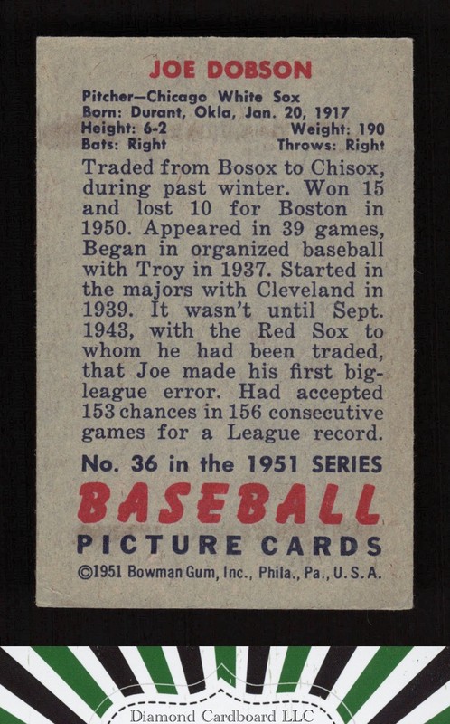1951 Bowman #36 Joe Dobson VGEX, back