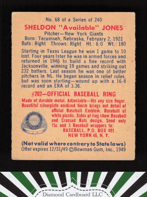 1949 Bowman #68 Sheldon "Available" Jones VGEX b, back