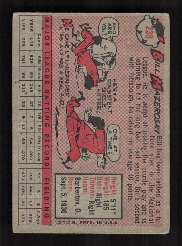 1958 Topps #238 Bill Mazeroski VG a, back