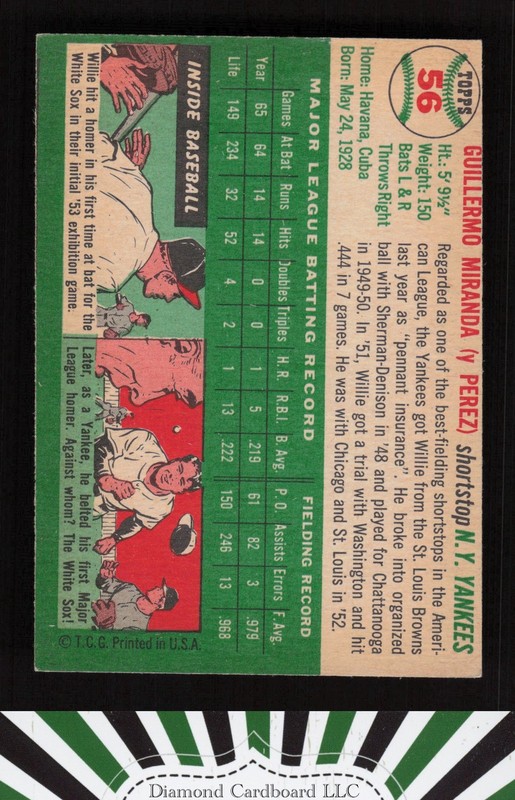 1954 Topps #56 Willy Miranda VGEX g, back