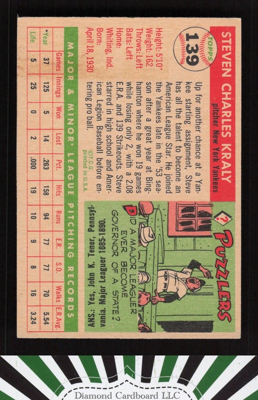 1955 Topps #139 Steve Kraly VGEX+ h, back