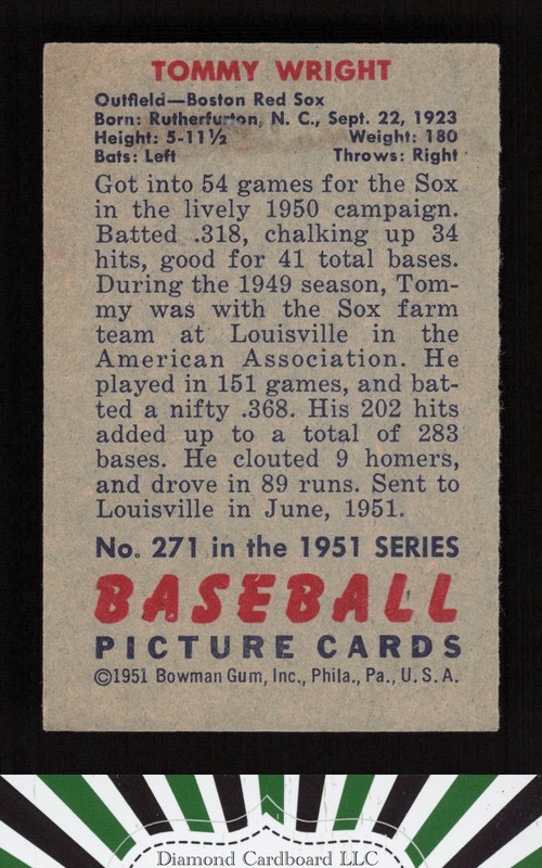 1951 Bowman #271 Tom Wright VGEX (MISCUT), back