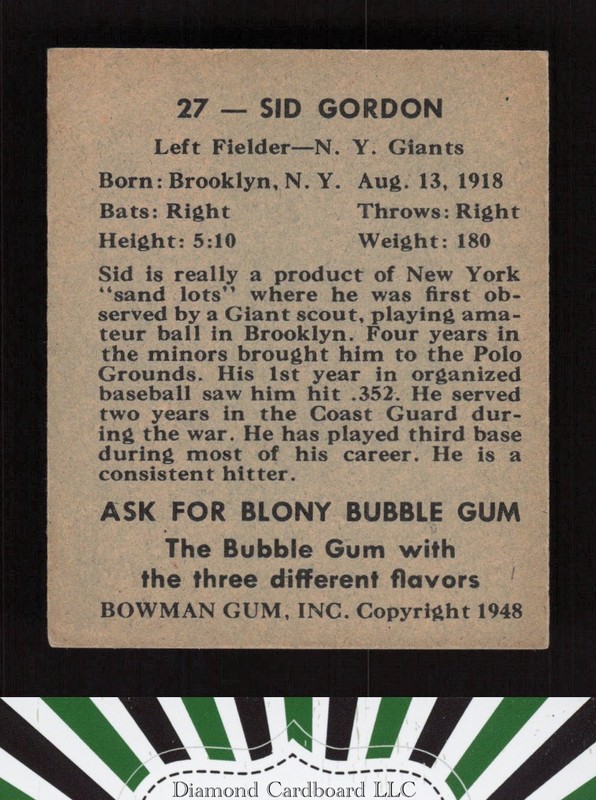 1948 Bowman #27 Sid Gordon VG b, back