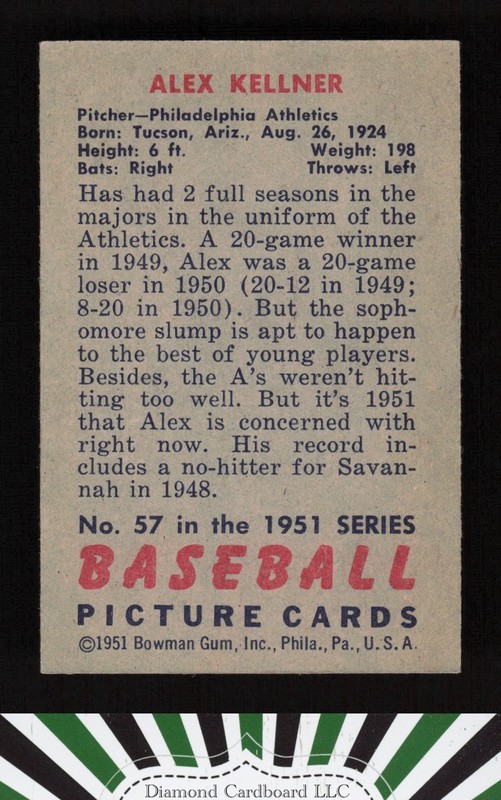 1951 Bowman #57 Alex Kellner EX, back