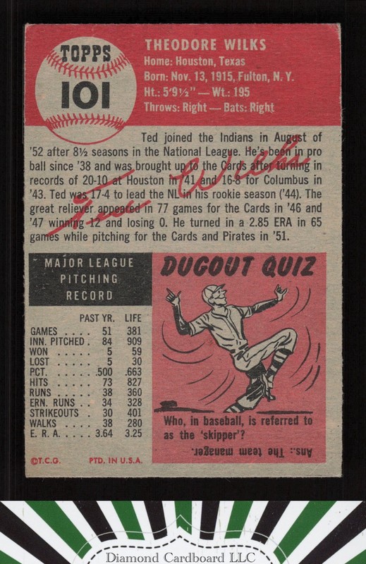 1953 Topps #101 Ted Wilks : Bio uses white text VG c, back