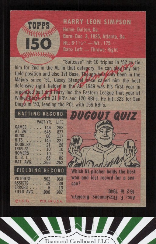 1953 Topps #150 Harry Simpson : Bio uses white text EX g, back