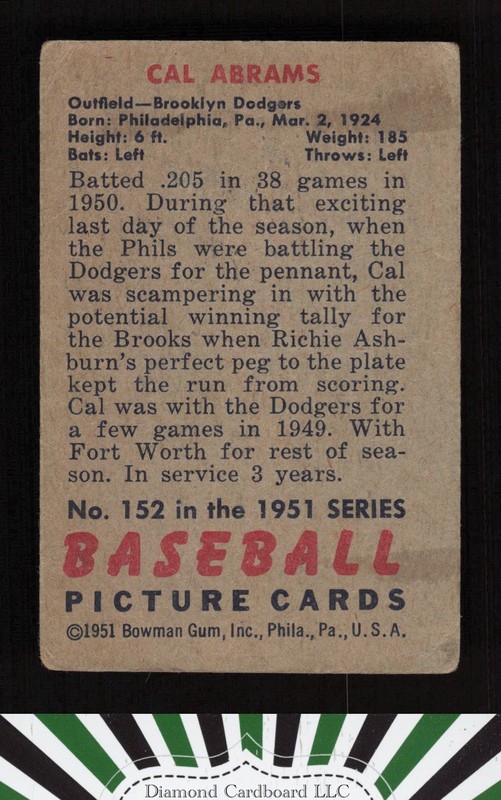 1951 Bowman #152 Cal Abrams PR, back