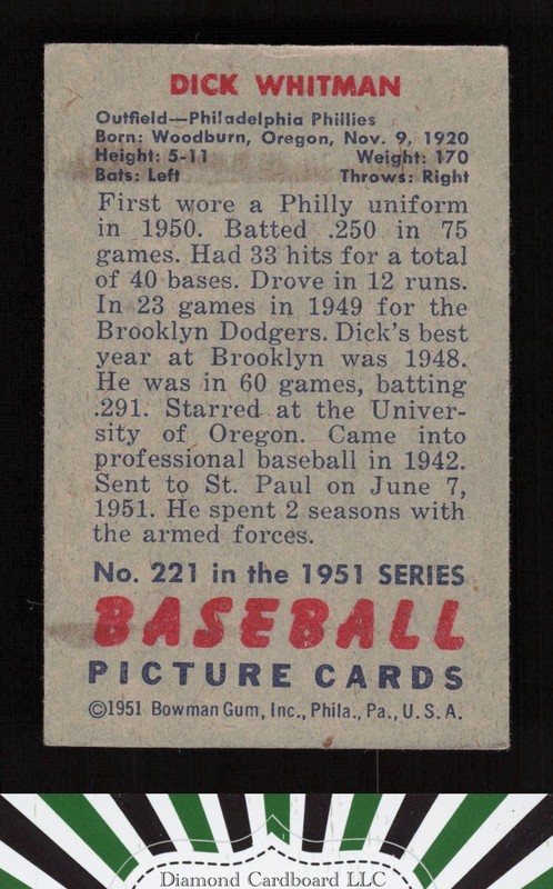 1951 Bowman #221 Dick Whitman VG+, back
