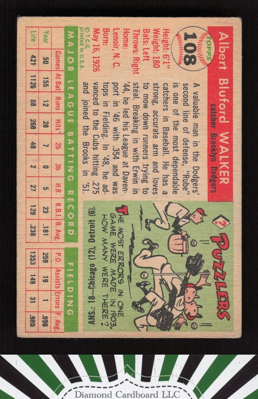 1955 Topps #108 "Rube" Walker VG c, back