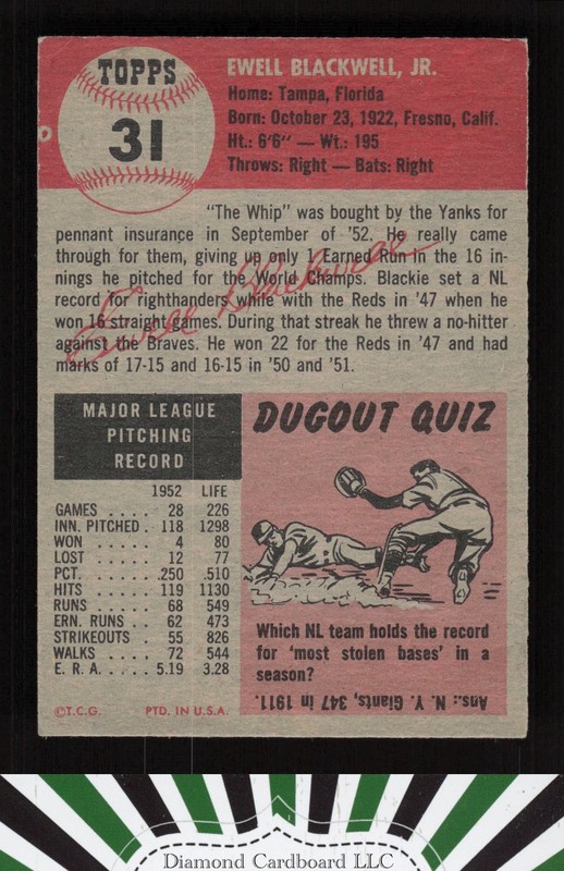 1953 Topps #31 Ewell Blackwell EX+ [GOOD EYE APPEAL] e, back