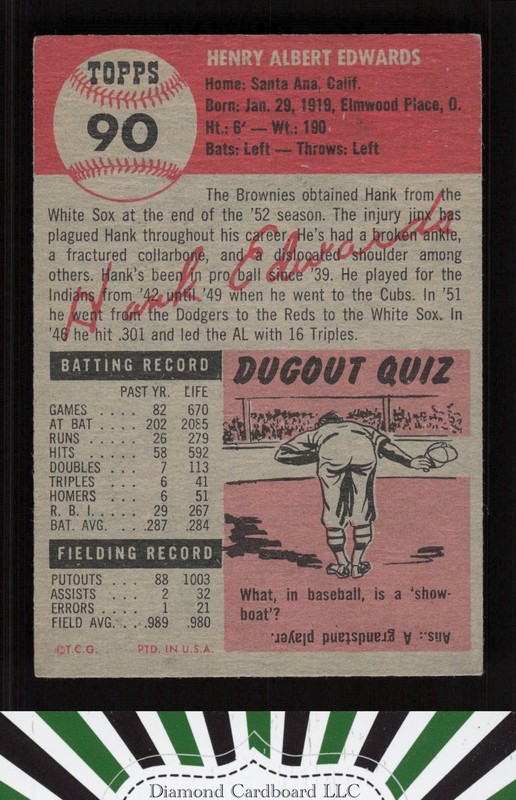 1953 Topps #90 Hank Edwards : Bio uses black text VG+ [CENTERED] f, back
