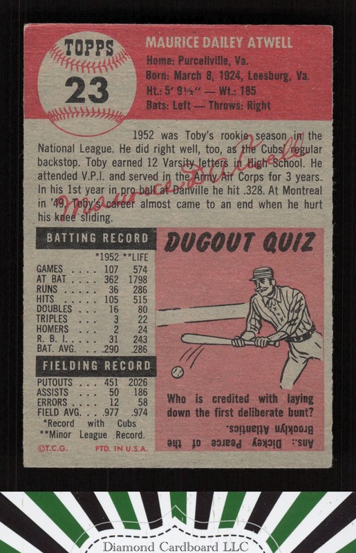 1953 Topps #23 Toby Atwell VGEX+ [CENTERED] g, back