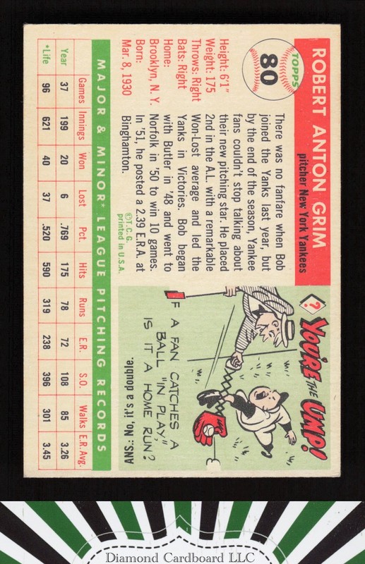1955 Topps #80 Bob Grim VGEX+ m, back