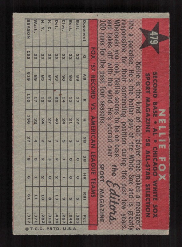 1958 Topps #479 Nellie Fox VGEX (MC) g, back