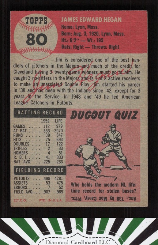 1953 Topps #80 Jim Hegan VGEX+ d, back