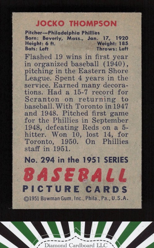 1951 Bowman #294 Jocko Thompson VGEX, back