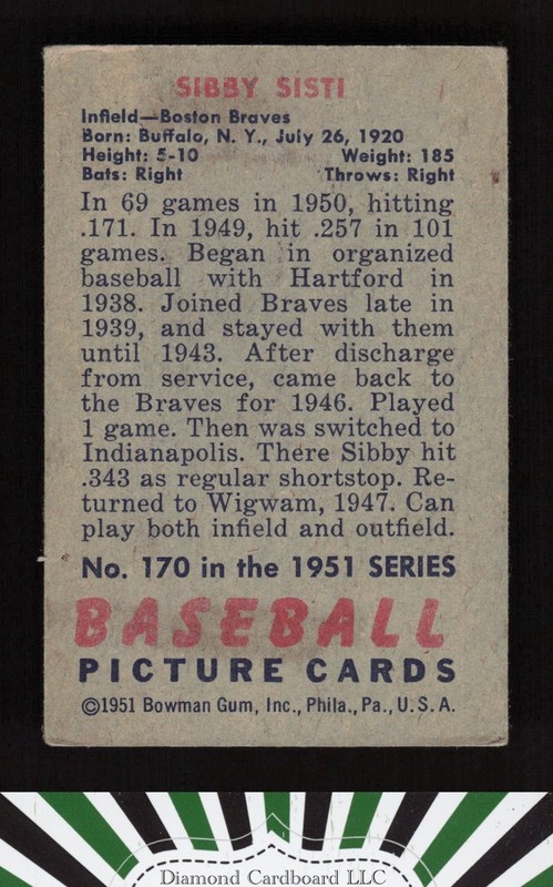 1951 Bowman #170 Sibby Sisti VGEX, back