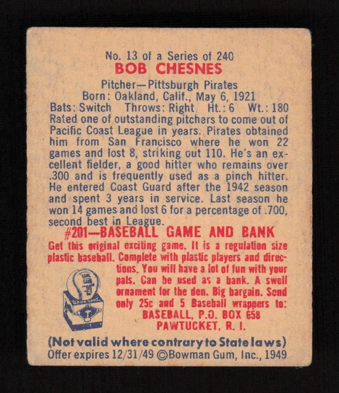 1949 Bowman #13 Bob Chesnes GD, back