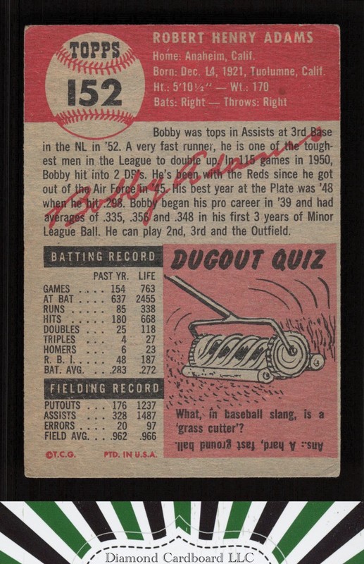 1953 Topps #152 Bobby Adams : Bio uses white text VG b, back