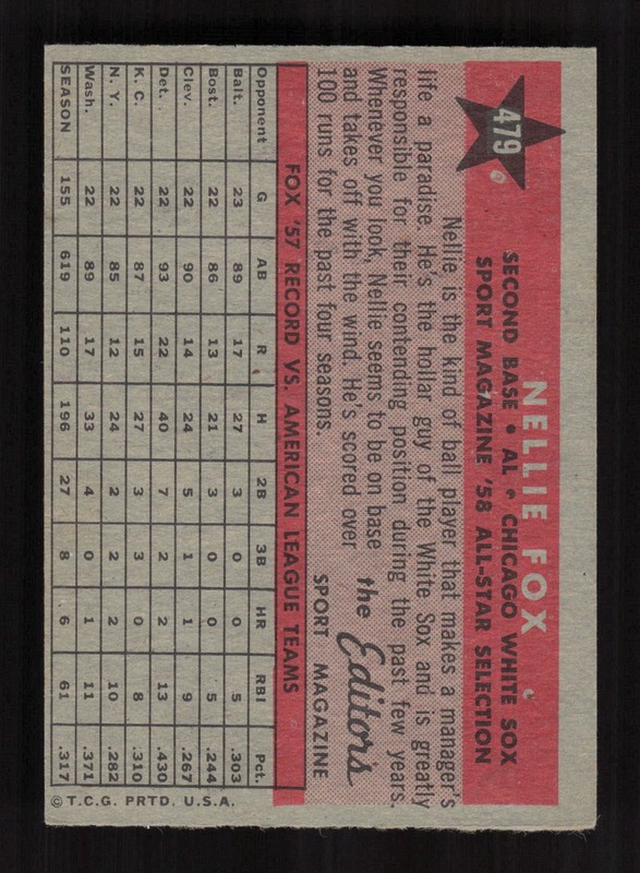 1958 Topps #479 Nellie Fox VG c, back
