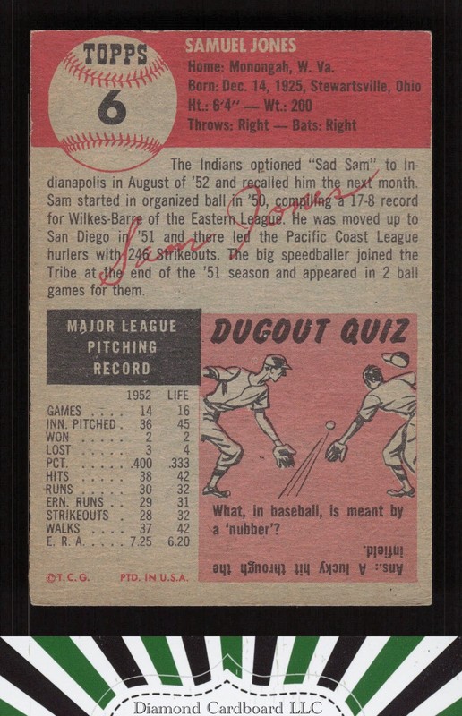 1953 Topps #6 Sam Jones VGEX g, back
