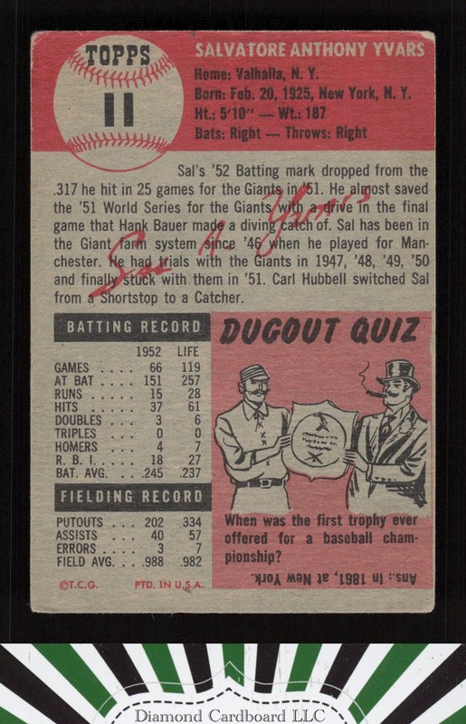 1953 Topps #11 Sal Yvars VG d, back