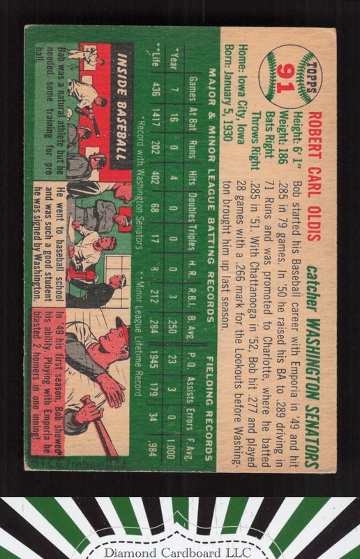 1954 Topps #91 Bob Oldis VGEX m, back
